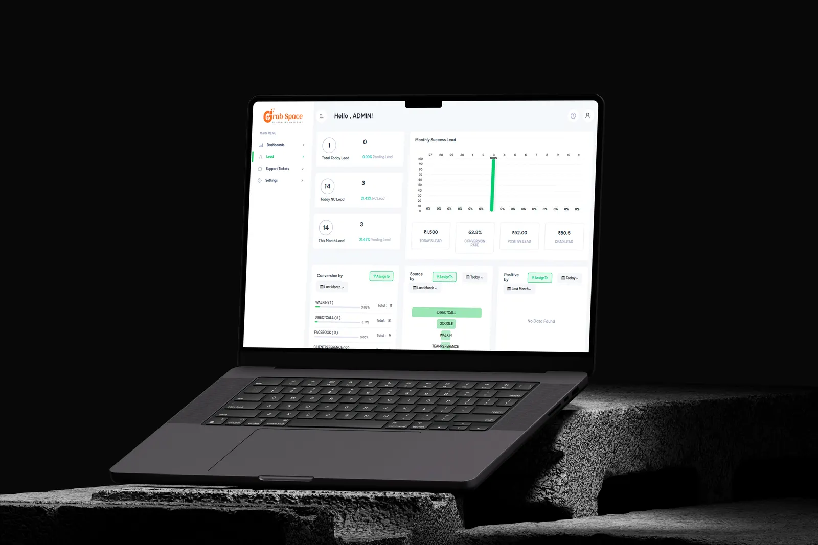Grabspace CRM dashboard with lead statistics